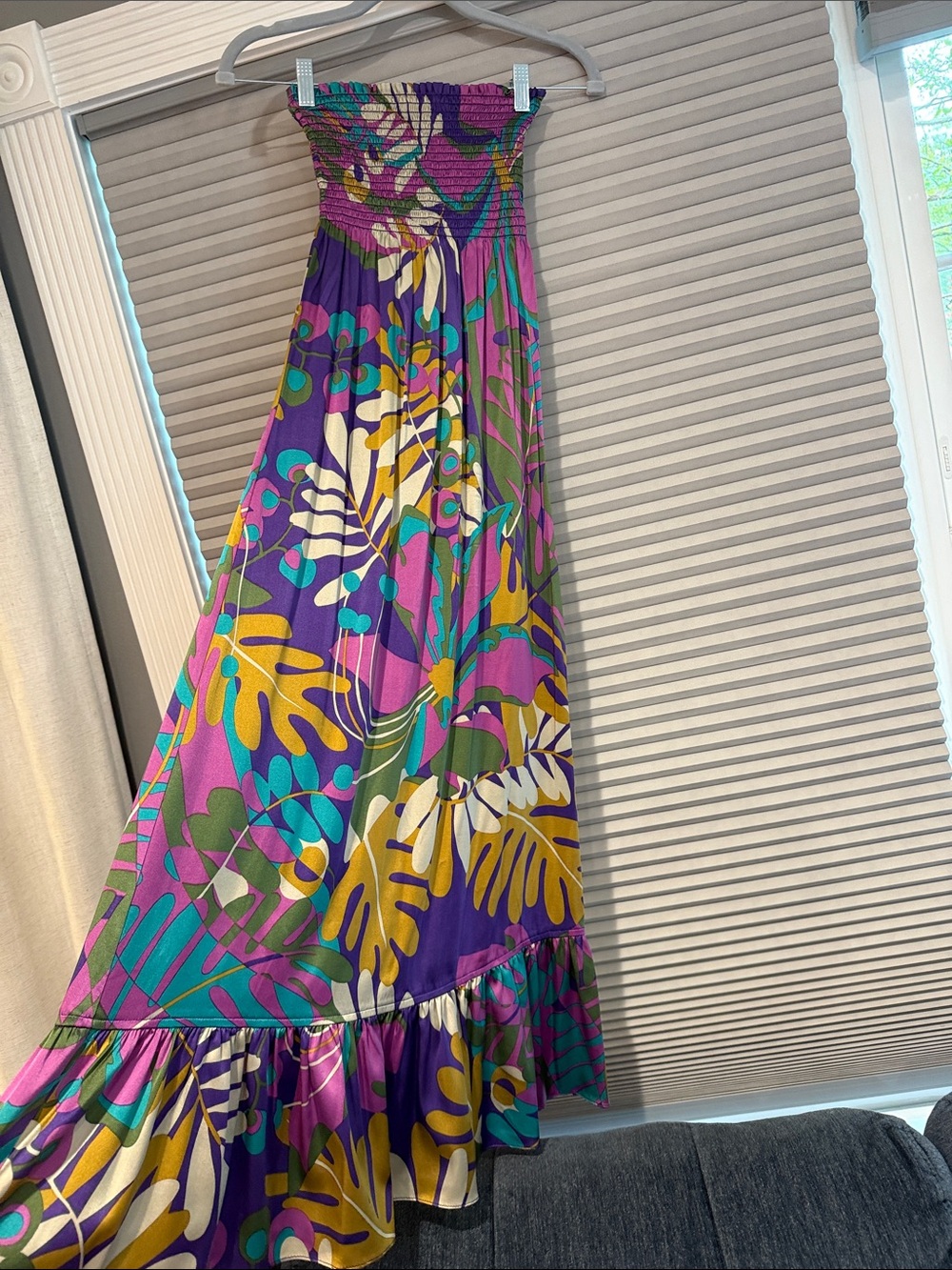Marciano Strapless Tropical Print Maxi Dress in Purple - size XS
